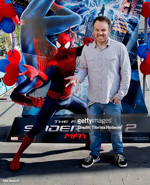 Spider-Man and director Marc Webb attend Larchmont Charter School celebrates 'The Amazing Spider-Man 2' at Be Amazing Day at Larchmont Charter School...