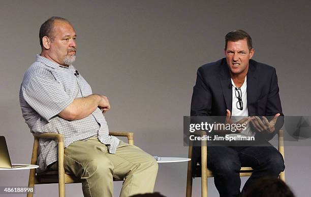 Radio personality Larry Flick and actor/director Edward Burns attend Apple Store Soho presents Meet The Creator: "Public Morals" at Apple Store Soho...