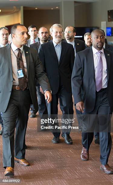 Iranian parliament speaker Ali Larijani arrives during the second day of the Fourth World Conference of Speakers of Parliament at the United Nations...