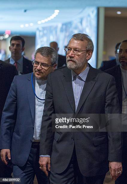 Iranian parliament speaker Ali Larijani attends the second day of Fourth World Conference of Speakers of Parliament at the United Nations...