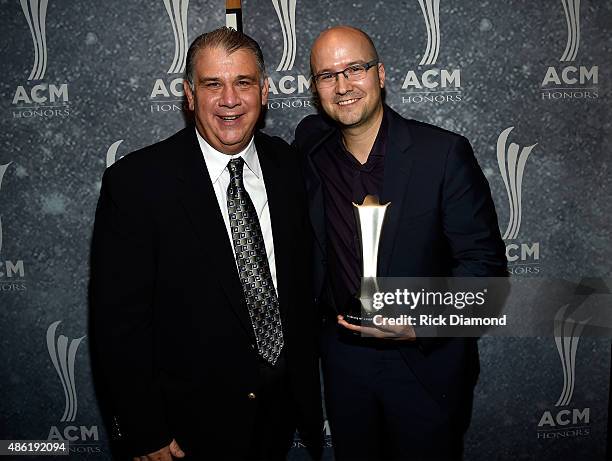 Bob Romeo and Songwriter of the Year Luke Laird pose backstage during the 9th Annual ACM Honors at the Ryman Auditorium on September 1, 2015 in...