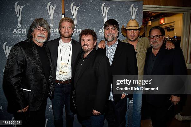 Randy Owen of Alabama, Kos Weaver, Jeff Cook of Alabama and Teddy Gentry, Jason Aldean, and Tony Conway pose backstage during the 9th Annual ACM...