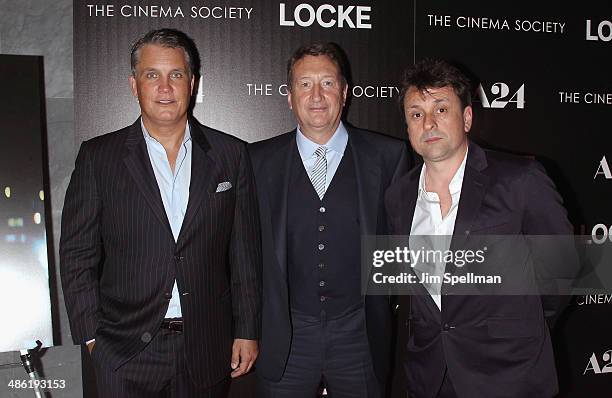 Stuart Ford, Steven Knight and Guy Heeley attend the A24 and The Cinema Society premiere of "Locke" at The Paley Center for Media on April 22, 2014...