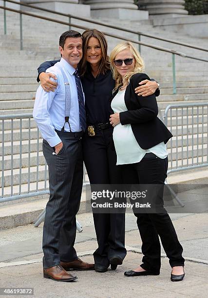 Raul Esparza, Mariska Hargitay and Kelli Giddish on the set of 'Law & Order: SVU' on September 1, 2015 in New York City.