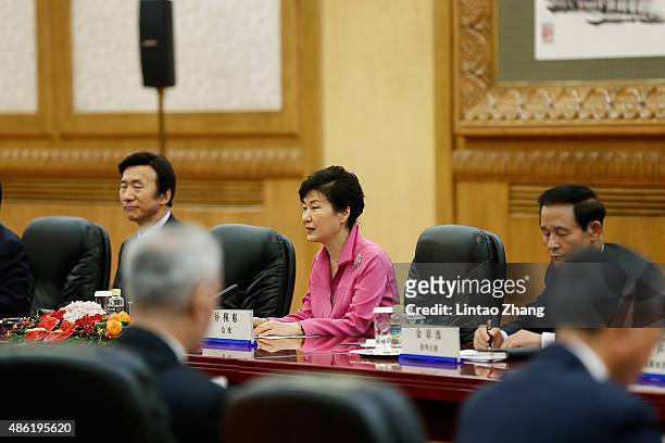 South Korean President Park Geun-hye meets with Chinese President Xi Jinping at The Great Hall Of The People on September 2, 2015 in Beijing, China....