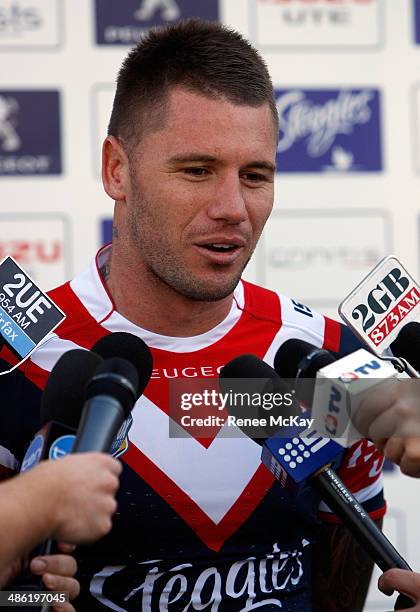 Shaun Kenny Dowall of the Roosters speaks to the media during a St George Illawarra Dragons and Sydney Roosters NRL media opportunity ahead of their...