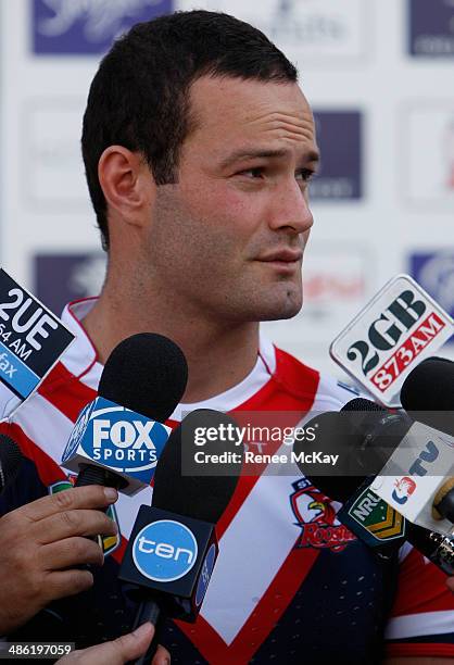 Boyd Cordner of the Roosters speaks to the media during a St George Illawarra Dragons and Sydney Roosters NRL media opportunity ahead of their round...