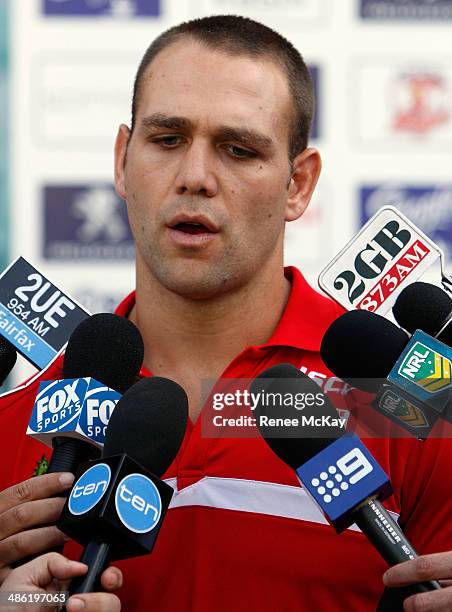 Jason Nightingale of the Dragons speaks to the media during a St George Illawarra Dragons and Sydney Roosters NRL media opportunity ahead of their...