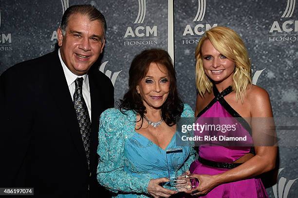 Bob Romeo, Loretta Lynn, and Miranda Lambert pose backstage during the 9th Annual ACM Honors at the Ryman Auditorium on September 1, 2015 in...