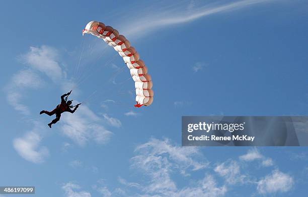 The Red Berets practice a jump during a St George Illawarra Dragons and Sydney Roosters NRL media opportunity ahead of their round eight ANZAC Day...