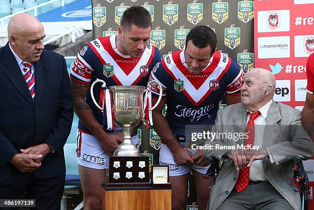Greg Ashton, Shaun Kenny Dowall, Boyd Cordner and Bill Collier speak to the media during a St George Illawarra Dragons and Sydney Roosters NRL media...