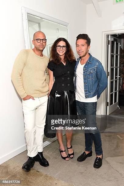 Claude Morais, Elizabeth Stewart and Brian Wolk attend The A List 15th Anniversary Party on September 1, 2015 in Beverly Hills, California.