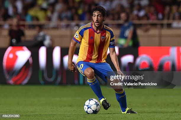 Daniel Parejo of Valencia in action during the UEFA Champions League qualifying round play off second leg match between Monaco and Valencia on August...