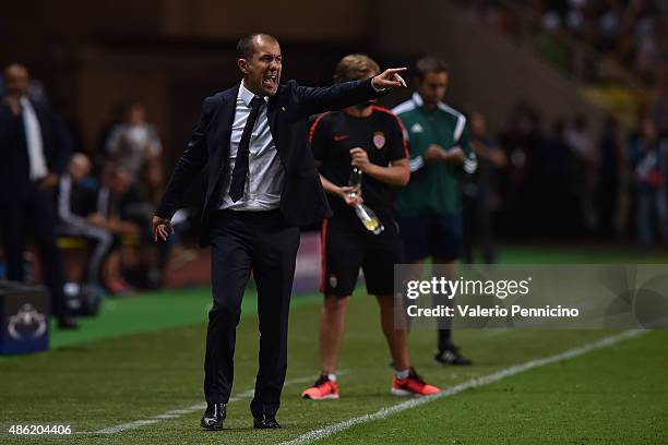 Monaco head coach Leonardo Jardim shouts to his players during the UEFA Champions League qualifying round play off second leg match between Monaco...