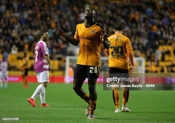 Sheyi Ojo of Wolverhampton Wanderers celebrates after scoring a goal to make it 2-0 during the Capital One Cup match between Wolverhampton Wanderers...