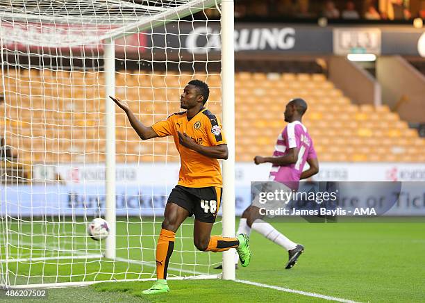 Bright Enobakhare of Wolverhampton Wanderers celebrates after scoring a goal to make it 1-0 during the Capital One Cup match between Wolverhampton...