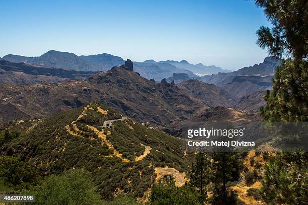 General view with Roque Bentayga, a volcanic rock, on July 26, 2015 near Tejeda, in Gran Canaria, Spain. Gran Canaria island, part of the Canary...