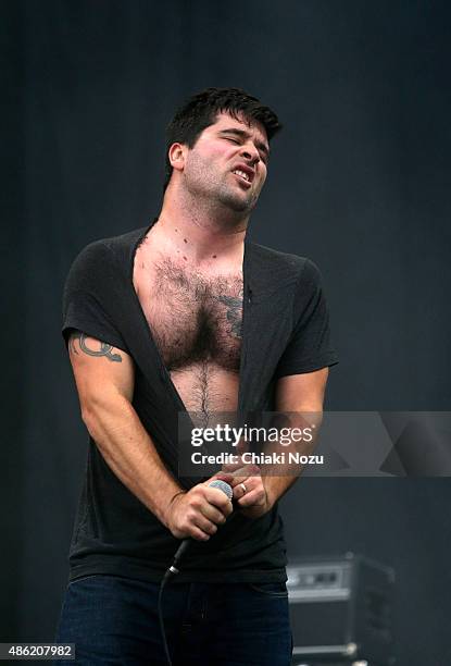 George Pettit of Alexisonfire performs on Day 2 of the Reading Festival at Richfield Avenue on August 29, 2015 in Reading, England.