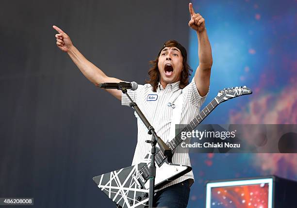 Vic Fuentes of Pierce The Veil performs on Day 2 of the Reading Festival at Richfield Avenue on August 29, 2015 in Reading, England.