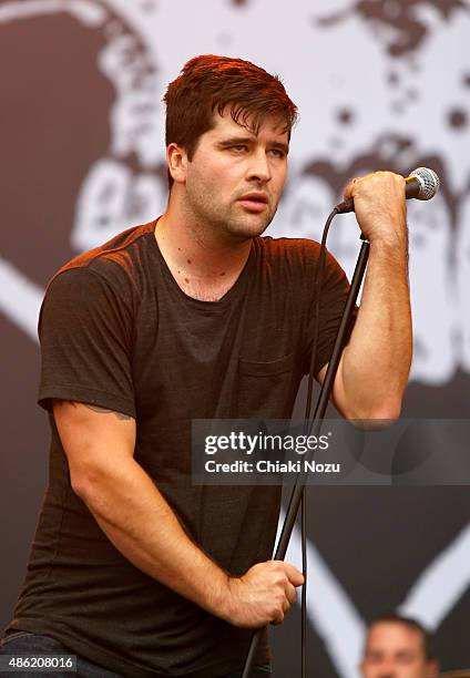 George Pettit of Alexisonfire performs on Day 2 of the Reading Festival at Richfield Avenue on August 29, 2015 in Reading, England.