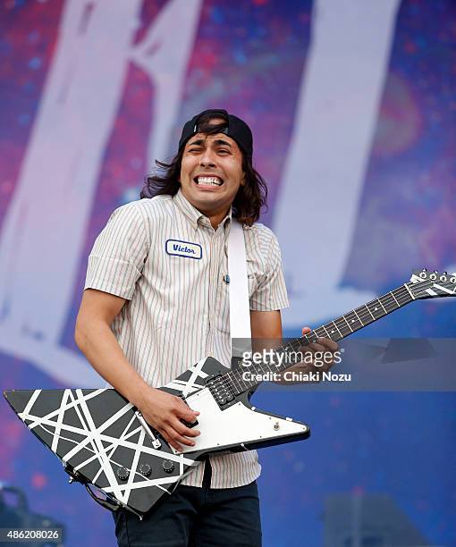 Vic Fuentes of Pierce The Veil performs on Day 2 of the Reading Festival at Richfield Avenue on August 29, 2015 in Reading, England.