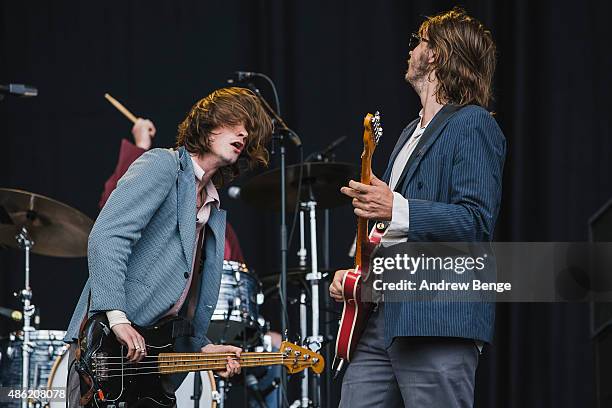 Alexander Jesson and Samuel Thomas Fryer of Palma Violets perform on the main stage at Leeds Festival at Bramham Park on August 29, 2015 in Leeds,...