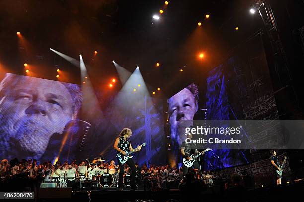 Lars Ulrich, Kirk Hammett, James Hetfield and Robert Trujillo of Metallica headline on the Main Stage during the 2nd Day of the Reading Festival at...