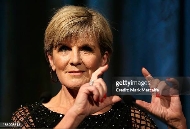 Australian Minister for Foreign Affairs, Julie Bishop speaks on stage at the Collette Dinnigan 'Unlaced' Exhibition launch at the Museum of Applied...