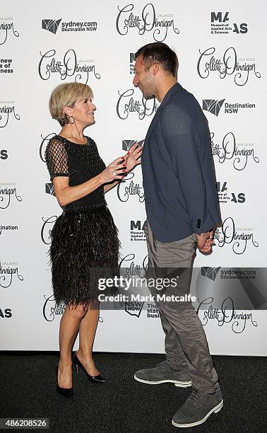 Australian Minister for Foreign Affairs, Julie Bishop and Ian Thorpe arrive at the Collette Dinnigan 'Unlaced' Exhibition launch at the Museum of...