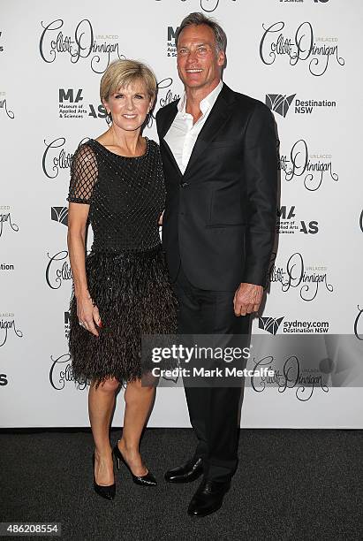 Australian Minister for Foreign Affairs, Julie Bishop and David Panton arrive at the Collette Dinnigan 'Unlaced' Exhibition launch at the Museum of...