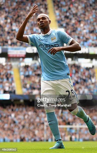 Fernandinho of Manchester City celebrates scoring their second goal during the Barclays Premier League match between Manchester City and Watford at...