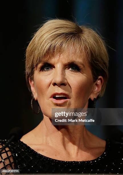 Australian Minister for Foreign Affairs, Julie Bishop speaks on stage at the Collette Dinnigan 'Unlaced' Exhibition launch at the Museum of Applied...