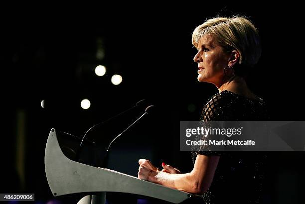 Australian Minister for Foreign Affairs, Julie Bishop speaks on stage at the Collette Dinnigan 'Unlaced' Exhibition launch at the Museum of Applied...