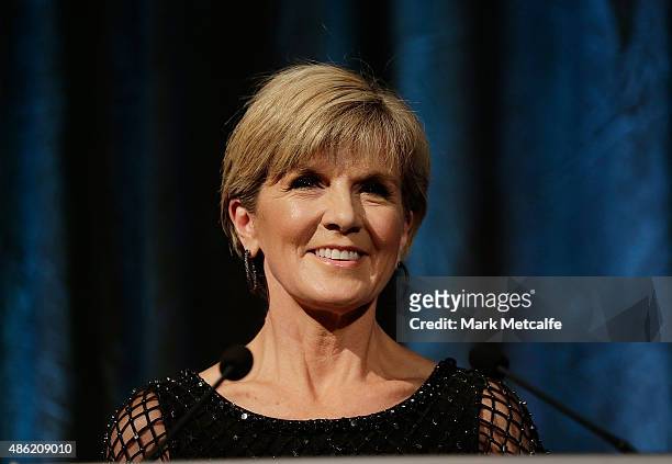 Australian Minister for Foreign Affairs, Julie Bishop speaks on stage at the Collette Dinnigan 'Unlaced' Exhibition launch at the Museum of Applied...