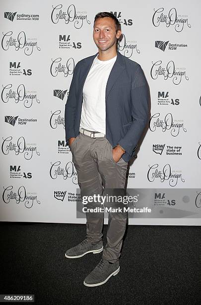 Ian Thorpe arrives at the Collette Dinnigan 'Unlaced' Exhibition launch at the Museum of Applied Arts & Sciences on September 2, 2015 in Sydney,...