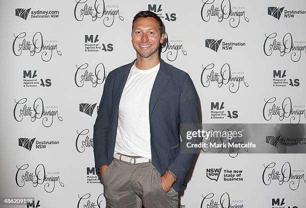 Ian Thorpe arrives at the Collette Dinnigan 'Unlaced' Exhibition launch at the Museum of Applied Arts & Sciences on September 2, 2015 in Sydney,...