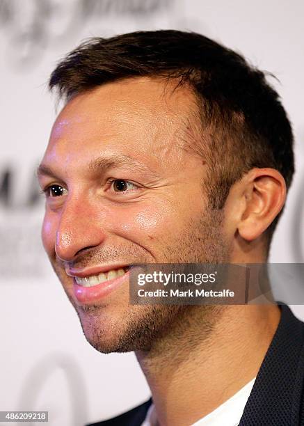 Ian Thorpe arrives at the Collette Dinnigan 'Unlaced' Exhibition launch at the Museum of Applied Arts & Sciences on September 2, 2015 in Sydney,...