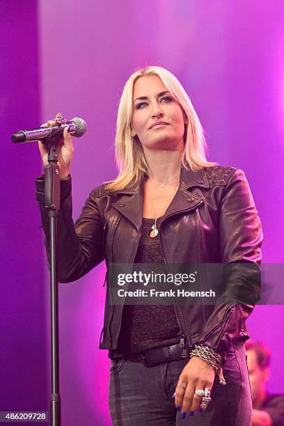 German singer Sarah Connor performs live during The Stars For Free 2015 concert at the Kindlbuehne Wuhlheide on August 29, 2015 in Berlin, Germany.