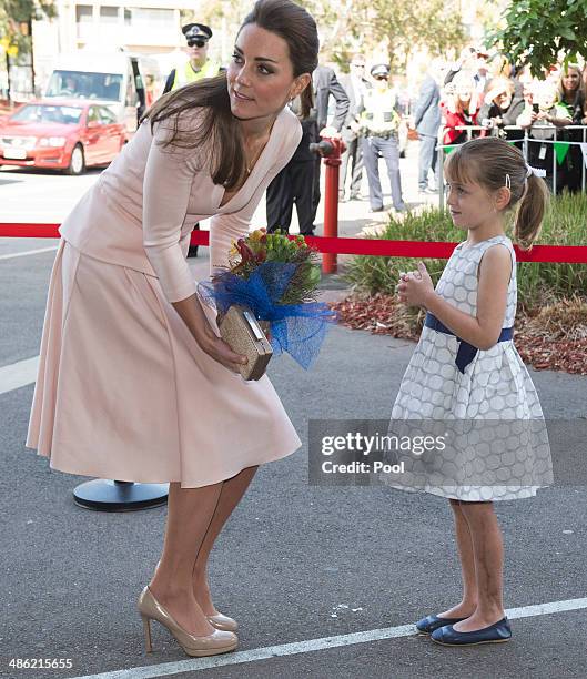 Catherine, Duchess of Cambridge meets six year old Lauren Stepherson during their visit to Elizabeth on April 23, 2014 in Adelaide, Australia. The...