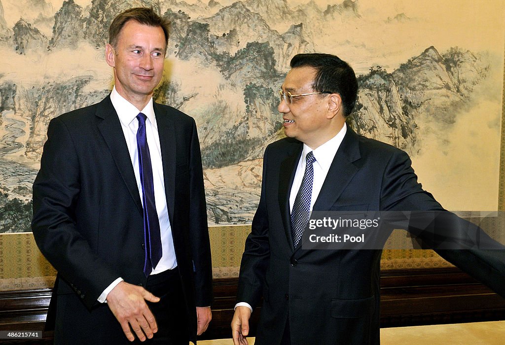 UK Health Secretary Jeremy Hunt Meets Chinese Premier Li Keqiang In Beijing