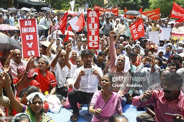 Indian workers shout slogans during a nationwide strike in Mumbai, India on September 2, 2015. A group of India's leading trade unions have called a...