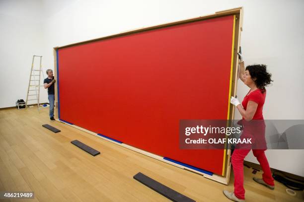 The painting "Who is afraid of Red, Yellow and Blue" by US artist Barnett Newman is placed on a wall of the Stedelijk Museum in Amsterdam, The...