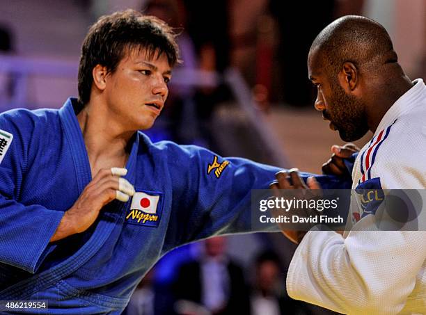 Ryu Shichinohe of Japan lost to Teddy Riner of France enabling Riner to win his eighth heavyweight World title by a wazari and yuko during the 2015...