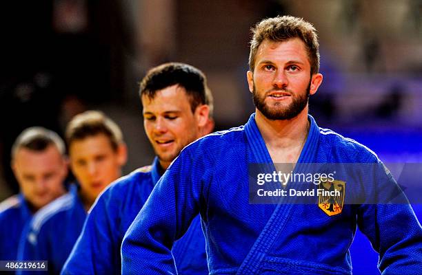The German men's team with Sebastian Seidl in front defeated the Chinese team 3:2 during the 2015 Astana World Judo Team Championships at the Alau...