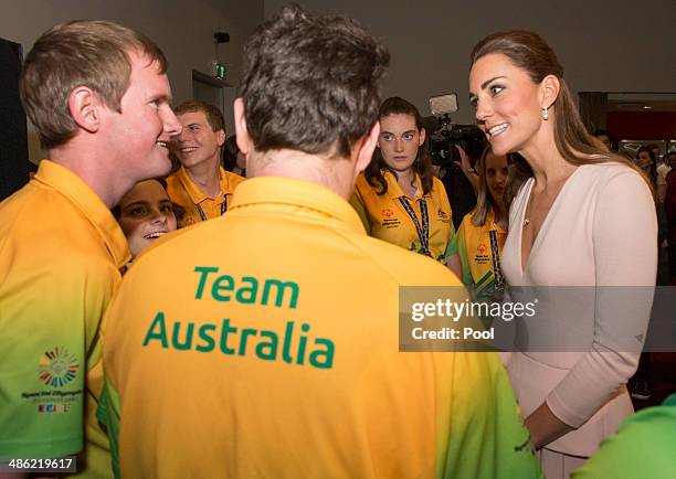 Catherine, Duchess of Cambridge meets members of the Special Olympics Australia team on April 23, 2014 in Adelaide, Australia. The Duke and Duchess...