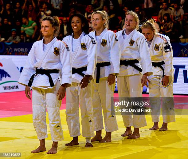 The German women's team defeated the Mongolian team 3:2 to win the bronze medal. L-R: Mareen Kraeh, Miryam Roper, Martyna Trajdos, Szaundra Diedrich...