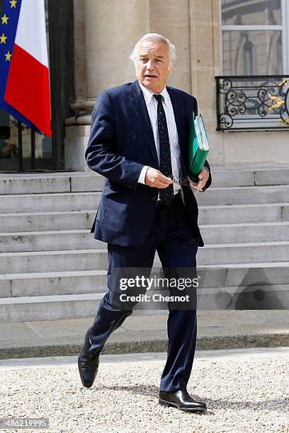 Francois Rebsamen, Minister of Labour, Employment and Social Dialogue leaves after a cabinet meeting at the Elysee Palace on April 23, 2014 in Paris,...