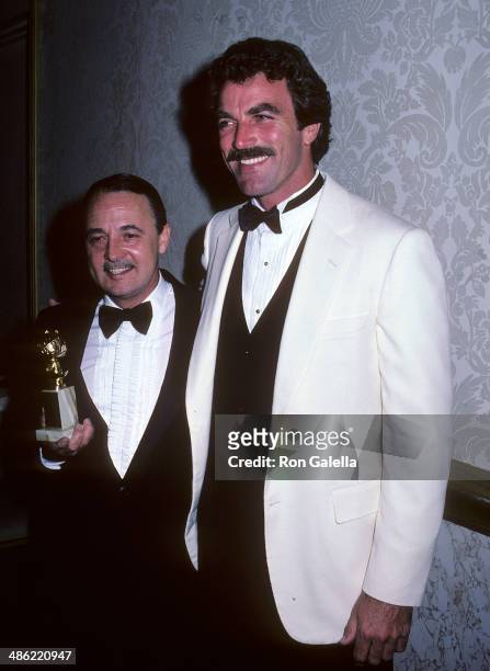 Actor John Hillerman and actor Tom Selleck attend the 39th Annual Golden Globe Awards on January 30, 1982 at the Beverly Hilton Hotel in Beverly...