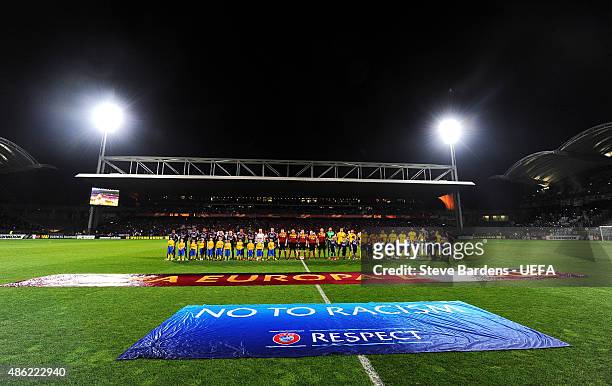 General view as the teams line up prior to kick off during the UEFA Europa League Quarter Final 1st leg match between Olympique Lyonnais and Juventus...