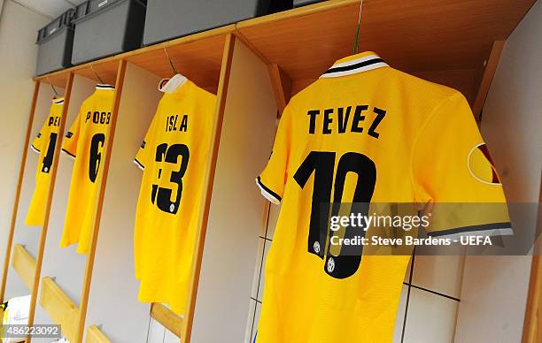 The shirt of Carlos Tevez of Juventus is dsiplayed in the team changing room prior to the UEFA Europa League Quarter Final 1st leg match between...